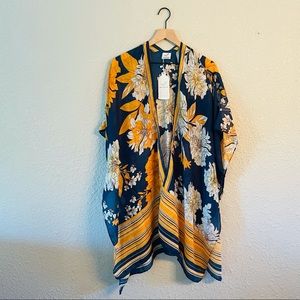Save the Ocean Navy & Golden Yellow Floral Shawl Kimono Wrap NWOT